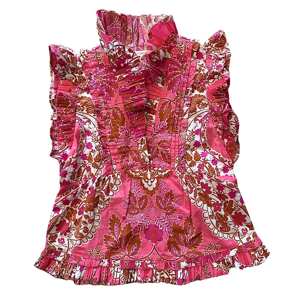 Anthropologie Love The Label Berna Floral Ruffled Top in Clementine Pink Print - Picture 1 of 8